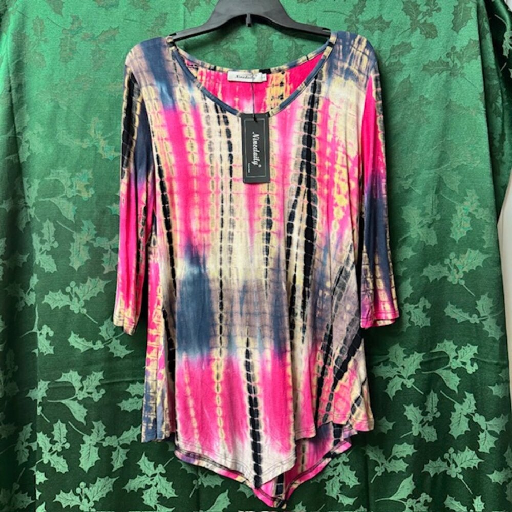 Ninedaily Tie Dye Tunic Top 3/4 Sleeve Handkerchief Hem New With Tags - Size Lg